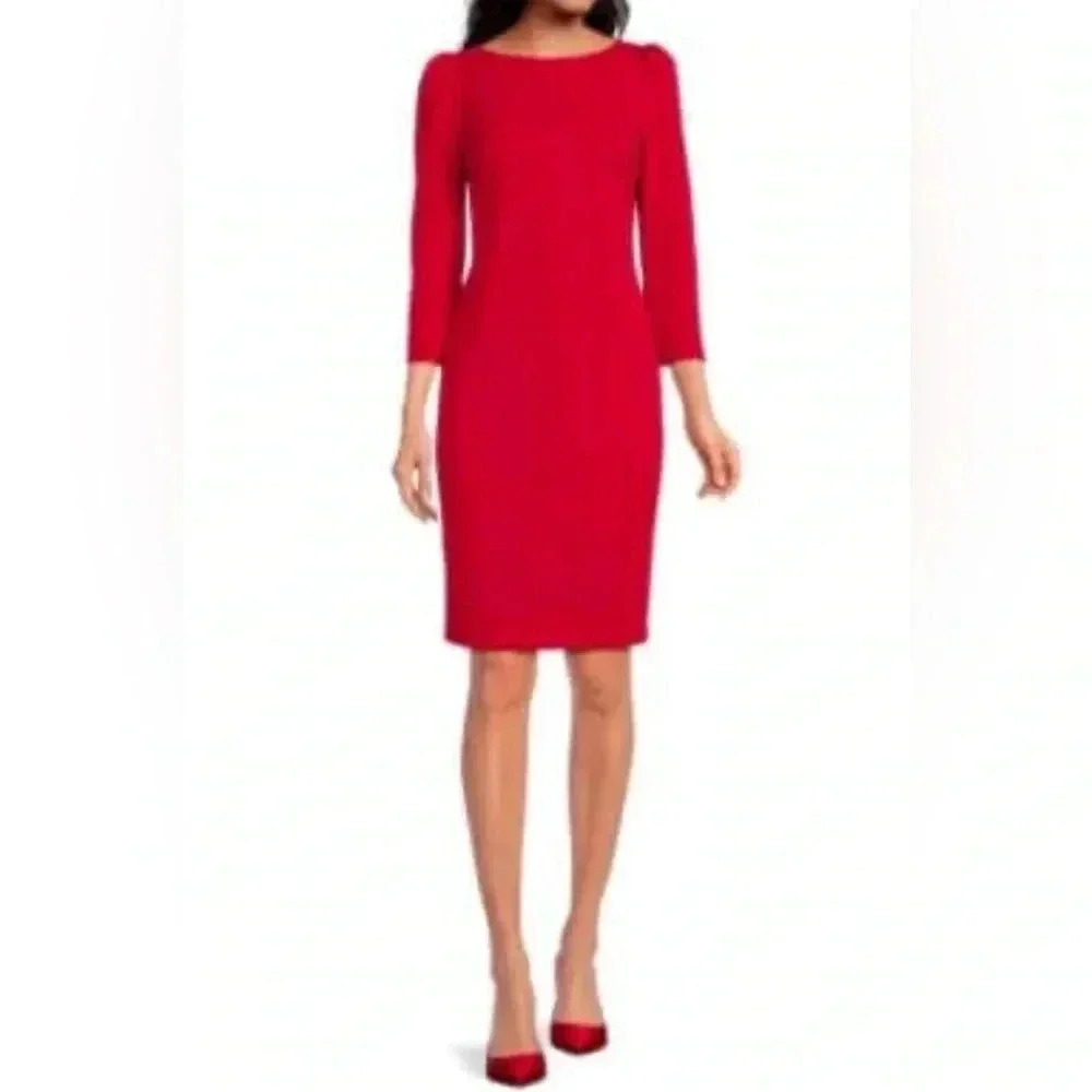 Calvin Klein Puff Sleeve Knee Length Sheath Dress size  8 Red with golden zipper